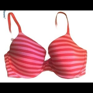 Victoria’s Secret Red Pink Stripe Lined Perfect Coverage Bra 34DD Sexy